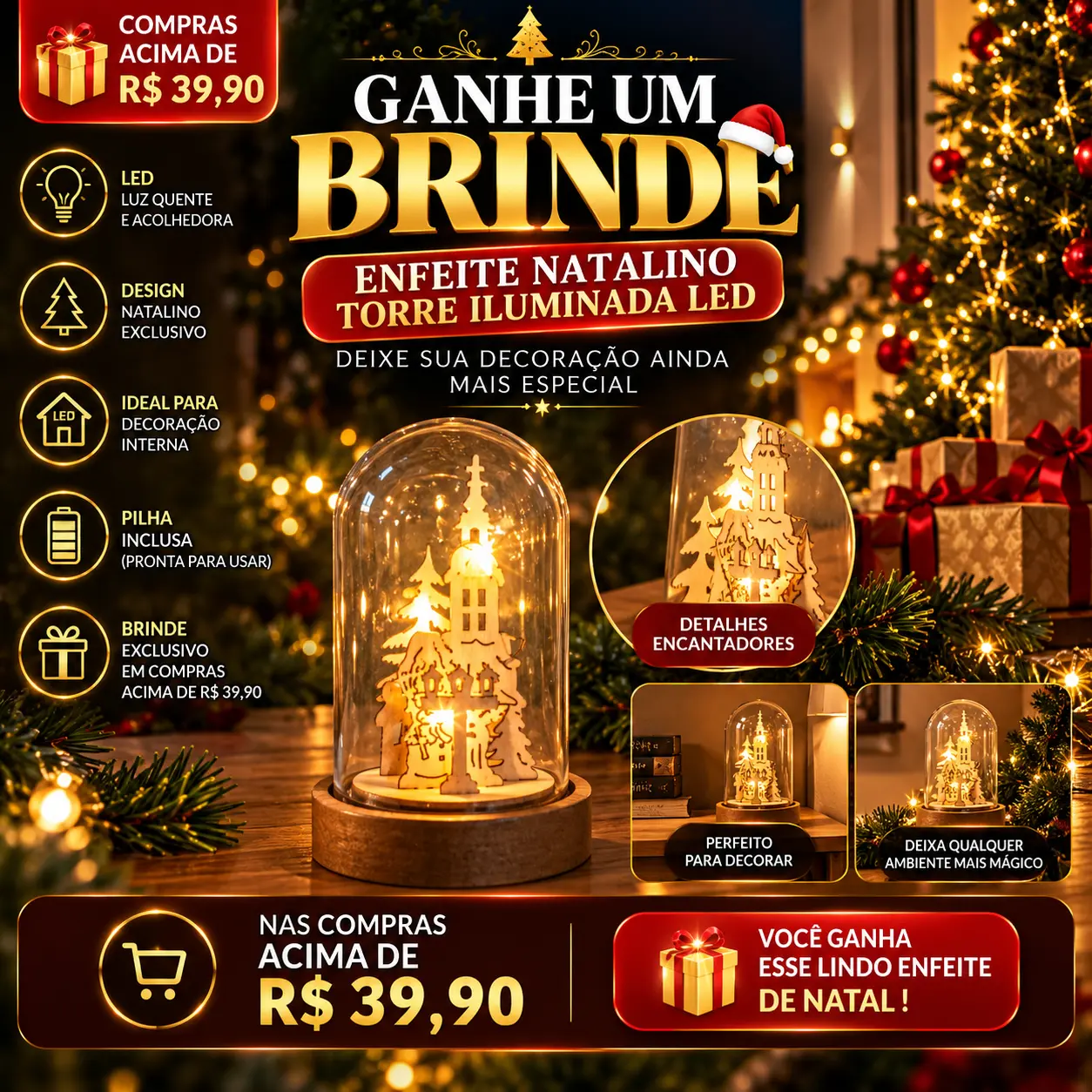 Brinde enfeite natalino Torre Iluminada LED em compras acima de R$ 39,90